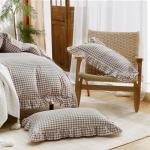ATsense Tan Gingham Duvet Cover Bedding Set 100% Washed Cotton Like Linen Feel Soft Breathable 3 Pcs Brown Plaid Checkered Cute Ruffle Comforter Cover Set (Queen 90"x90", No Comforter)