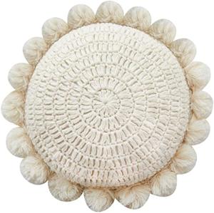 kitletsuit Boho Round Throw Pillow with Cute Handmade Pom Poms Tassels 18 Inch, Decorative Circular Knitted Crochet Cushion for Couch, Sofa, Chair, Bed, Beige