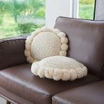 kitletsuit Boho Round Throw Pillow with Cute Handmade Pom Poms Tassels 18 Inch, Decorative Circular Knitted Crochet Cushion for Couch, Sofa, Chair, Bed, Beige
