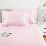 Homiest 3-Pieces Ruffle Pillow Case & Satin Fitted Sheet Set, Blush Pink Queen Satin Sheets with 2 Ruffled Pillow Shams, 15 Inch Deep Pocket, Cute & Coquette Silk-Like Bed Set for Decorating Bedroom