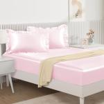 Homiest 3-Pieces Ruffle Pillow Case & Satin Fitted Sheet Set, Blush Pink Queen Satin Sheets with 2 Ruffled Pillow Shams, 15 Inch Deep Pocket, Cute & Coquette Silk-Like Bed Set for Decorating Bedroom