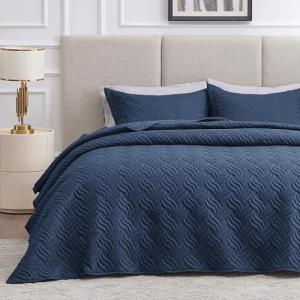 Love's cabin King Size Quilt Set Navy Blue Bedspreads - Soft Bed Summer Lightweight Bedspread Comforter - Modern Style Wave Pattern Coverlet for All Season - 3 Pieces (1 Quilt, 2 Pillow Shams)