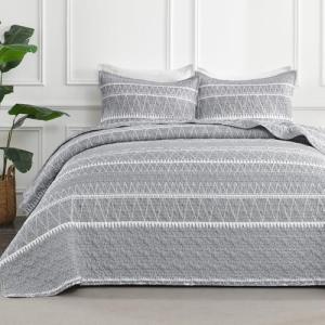 Andency Quilts Queen Size Grey, 3 Pieces Queen Quilt Bedding Set Boho Lightweight Soft Striped Bedspread for All Season (90"x96"), Gray Printed Bohemian Polyester Reversible Coverlet Comoforter Sets