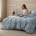 Bedsure 100% Washed Cotton Duvet Cover Queen Size - Dusty Blue Minimalist Cotton Bedding Linen Like for All Seasons - GentleSoft™ Plain Simple Duvet Cover, 3 Pieces (Dusty Blue, Queen, 90"x90")