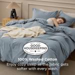 Bedsure 100% Washed Cotton Duvet Cover Queen Size - Dusty Blue Minimalist Cotton Bedding Linen Like for All Seasons - GentleSoft™ Plain Simple Duvet Cover, 3 Pieces (Dusty Blue, Queen, 90"x90")