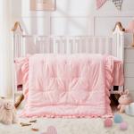 Wowelife Girl Crib Bedding Set, 3-Piece Crib Comforter Set for Girls, Boho Ruffle Pink Nursery Bedding Set Include Crib Comforter, Crib Fitted Sheet and Crib Skirt, Pink