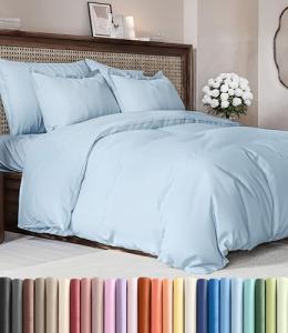 Duvet Cover Queen Size Set - Extra Soft Queen Duvet Cover 90" x 90" with 2 Pillow Shams - Hotel Luxury, Easy Care & Fade Free w/ Zipper Closures & Ties - All Season, Comfy & Breathable (Light Blue)