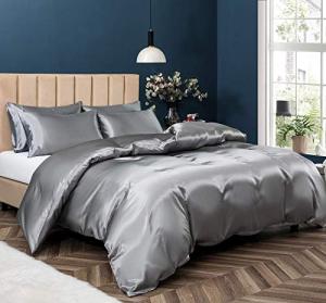 P Pothuiny 5 Pieces Satin Duvet Cover King Size Set, Luxury Silky Like Grey Duvet Cover Bedding Set with Zipper Closure, 1 Duvet Cover + 4 Pillow Cases (No Comforter)