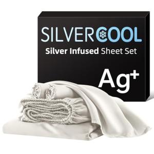 Bamboo Viscose & Silk Blended Silver Infused Queen Bed Sheets, 10% Silver for Permanent Self-Purifying & Clear Skin & Acne-Prone, Cooling Sheets Bedding for Hot Sleepers, Natural Odor Control Sheets