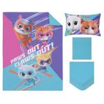 NoJo Disney Junior SuperKitties Purple, Pink, and Aqua, with Ginny, Sparks, Buddy, and Bitsy 4 Piece Toddler Bed Set - Comforter, Fitted Bottom Sheet, Flat Top Sheet, and Reversible Pillowcase