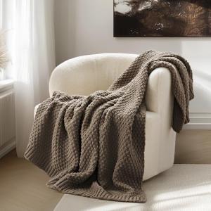 EVERGRACEHOME Chunky Chenille Knit Throw Blanket for Couch, Soft Luxurious Moss Stitch Blankets for Bed, Cozy Decorative Farmhouse Knitted Throws for Sofa, Mocha Brown, 50" x 60"