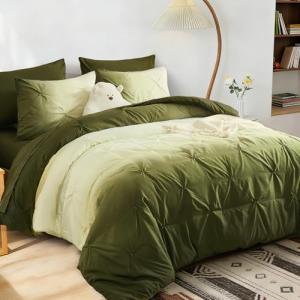 Dinjoy Ombre Comforter Set Twin Size, 5-Piece Bed in a Bag for Kid Teen, Pintuck Colorful Rainbow Bedding Sets with Comforter, Flat Sheet, Fitted Sheet and Pillowcases & Shams, Green