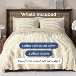 Duvet Cover Queen Size Set - Extra Soft Queen Size Duvet Cover 90 x 90 with 2 Pillow Shams - Hotel Luxury Easy Care & Fade Free w/Zipper Closures & Ties - Comfy Breathable Bedding Set (Beige Stripes)