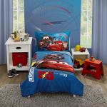 Disney Cars Piston Cup Circuit Blue, Red, and Yellow, Lightning McQueen and Mater 4 Piece Toddler Bed Set - Comforter, Fitted Bottom Sheet, Flat Top Sheet, and Reversible Pillowcase