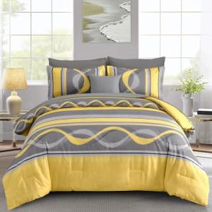 Anibedding Yellow Comforter Set Queen Size,8 Pieces Bed in a Bag Patchwork Striped Bedding Sets,Boho Soft Microfiber Bedding Set for All Season(90"×90")