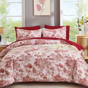 DJY Queen Size Comforter Sets, Red 7 Pieces Bed in a Bag Queen Botanical Comforters with Sheets Elegant Plants Print Christmas Soft Microfiber Reversible Complete Bedding Sets for All Season
