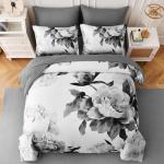 Dobuyly Grey Queen Comforter Set 7 Piece Bed in a Bag, Gray Floral Printed on White Comforter Set with Sheets, Soft Microfiber Botanical Farmhouse Bedding Set for All Season