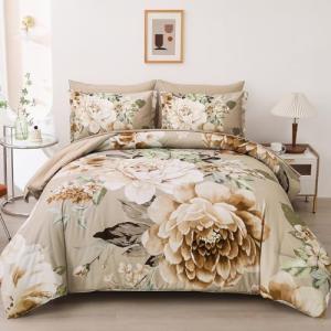 Dintszyayue Khaki Floral Comforter Set Queen Size 7 Pieces Bed in a Bag, Khaki Flower Bedding Set Soft Comforter Set for All Season with Flat Sheet, Fitted Sheet, Pillowcases & Shams