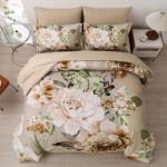 Dintszyayue Khaki Floral Comforter Set Queen Size 7 Pieces Bed in a Bag, Khaki Flower Bedding Set Soft Comforter Set for All Season with Flat Sheet, Fitted Sheet, Pillowcases & Shams