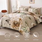 Dintszyayue Khaki Floral Comforter Set Queen Size 7 Pieces Bed in a Bag, Khaki Flower Bedding Set Soft Comforter Set for All Season with Flat Sheet, Fitted Sheet, Pillowcases & Shams