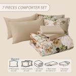 Dintszyayue Khaki Floral Comforter Set Queen Size 7 Pieces Bed in a Bag, Khaki Flower Bedding Set Soft Comforter Set for All Season with Flat Sheet, Fitted Sheet, Pillowcases & Shams