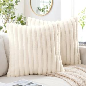 MIULEE Faux Fur Decorative Throw Pillow Covers 18x18 Inch Set of 2, Modern Spring Home Decor Soft Plush Couch Pillows Cozy Fluffy Cushion Covers for Sofa Bed Beige