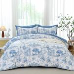 Blue Comforter Set King 7 Piece Bed in a Bag Toile de Jouy Botanical Comforter with Sheet Set Soft Micorfiber Bedding Set (1 Comforter,2 Pillow Shams,1 Flat Sheet,1 Fitted Sheet,2 Pillowcases)