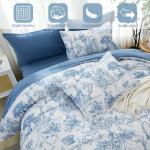 Blue Comforter Set King 7 Piece Bed in a Bag Toile de Jouy Botanical Comforter with Sheet Set Soft Micorfiber Bedding Set (1 Comforter,2 Pillow Shams,1 Flat Sheet,1 Fitted Sheet,2 Pillowcases)