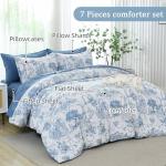 Blue Comforter Set King 7 Piece Bed in a Bag Toile de Jouy Botanical Comforter with Sheet Set Soft Micorfiber Bedding Set (1 Comforter,2 Pillow Shams,1 Flat Sheet,1 Fitted Sheet,2 Pillowcases)