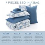 Blue Comforter Set King 7 Piece Bed in a Bag Toile de Jouy Botanical Comforter with Sheet Set Soft Micorfiber Bedding Set (1 Comforter,2 Pillow Shams,1 Flat Sheet,1 Fitted Sheet,2 Pillowcases)