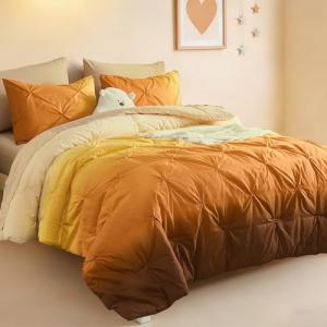 Dinjoy Ombre Comforter Set Twin Size, 5-Piece Bed in a Bag for Kid Teen, Pintuck Colorful Rainbow Bedding Sets with Comforter, Flat Sheet, Fitted Sheet and Pillowcases & Shams, Orange