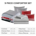 Comfort Spaces Comforter Sets with Sheets - Bed in a Bag 9 Pieces Teen Bedding Sets , Red and Grey Stripes Bedding Full, College Full Bed Set with 2 Side Pockets Bedroom Organizer