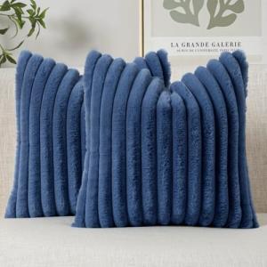 MIULEE Faux Fur Decorative Throw Pillow Covers 20x20 Inch Set of 2, Coastal Modern Art Home Decor Soft Plush Couch Pillows Cozy Fluffy Cushion Covers for Sofa Bed Navy Blue