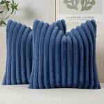MIULEE Faux Fur Decorative Throw Pillow Covers 20x20 Inch Set of 2, Coastal Modern Art Home Decor Soft Plush Couch Pillows Cozy Fluffy Cushion Covers for Sofa Bed Navy Blue