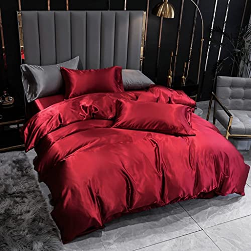 Luxurious Wine Red Satin Bedding Set Queen