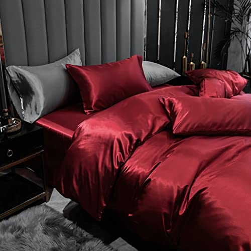 Luxurious Wine Red Satin Bedding Set Queen