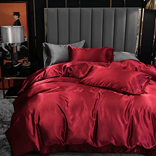 Luxurious Wine Red Satin Bedding Set Queen