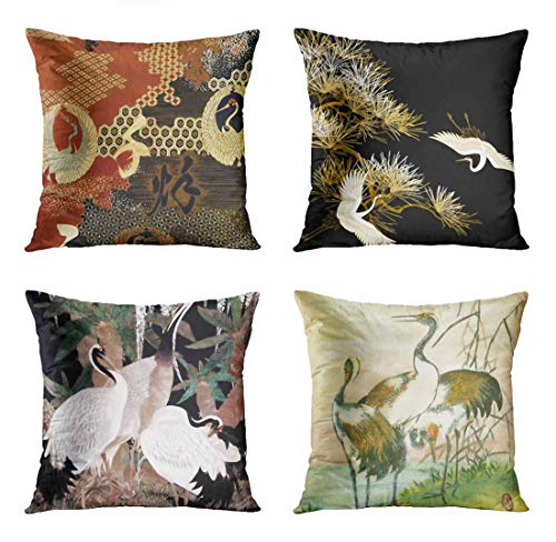 Asian Crane Decorative Pillow Covers - Set of 4