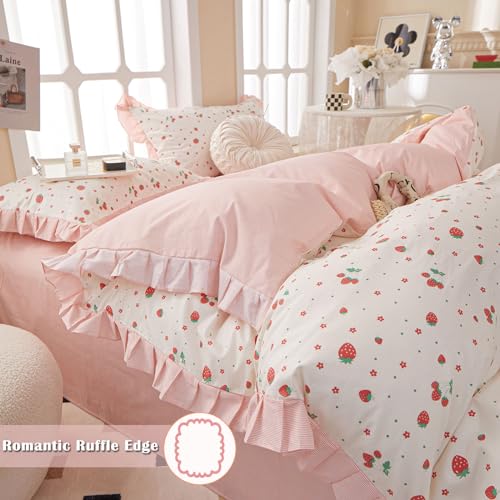 Pink Ruffle Duvet Cover Queen with Strawberry Print