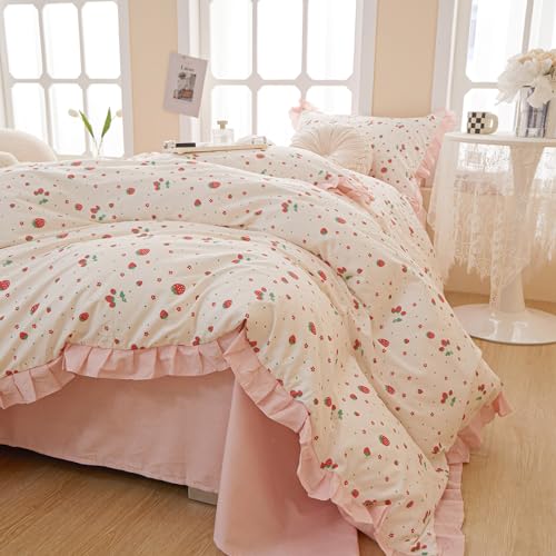 Pink Ruffle Duvet Cover Queen with Strawberry Print