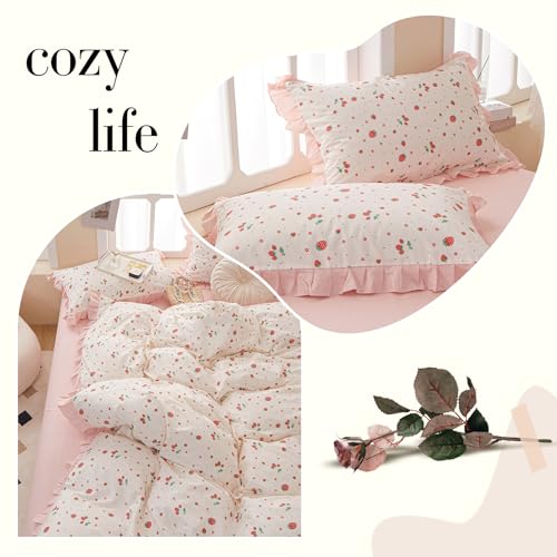 Pink Ruffle Duvet Cover Queen with Strawberry Print
