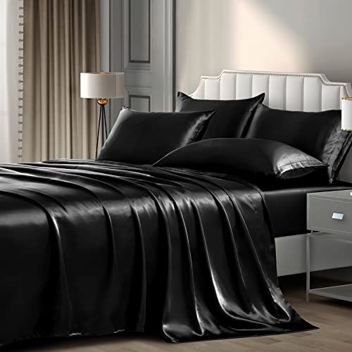 Luxurious Black Satin 6-Piece Queen Bed Set
