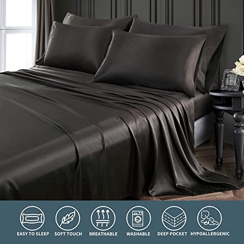 Luxurious Black Satin 6-Piece Queen Bed Set