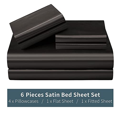 Luxurious Black Satin 6-Piece Queen Bed Set