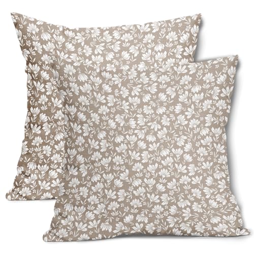Tan Floral Daisy Pillow Covers Set of 2
