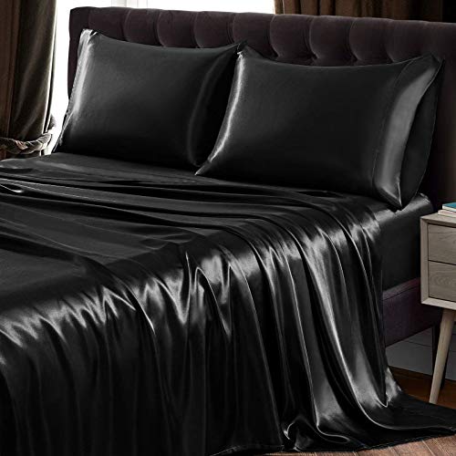Ultra Silky Black Satin Queen Bed Sheet Set