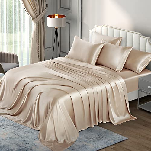 Luxury Satin Queen Bed Sheets Set, Taupe