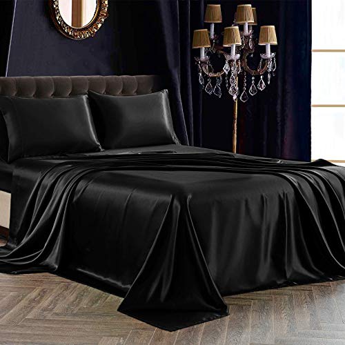 Ultra Silky Black Satin Queen Bed Sheet Set