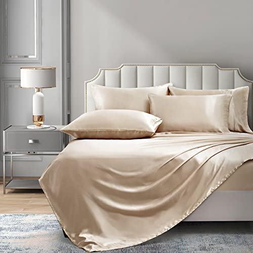 Luxury Satin Queen Bed Sheets Set, Taupe
