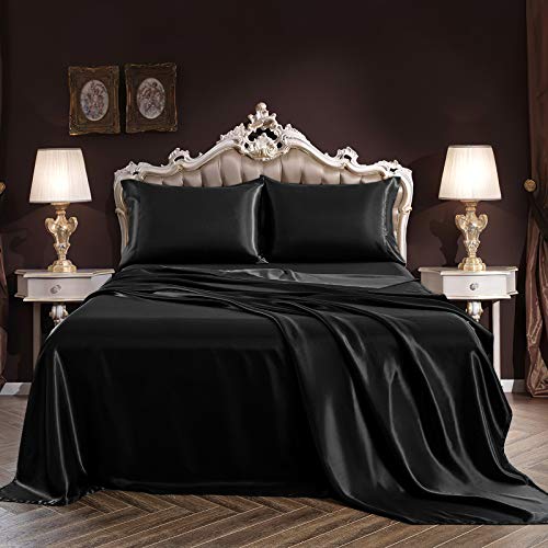 Ultra Silky Black Satin Queen Bed Sheet Set